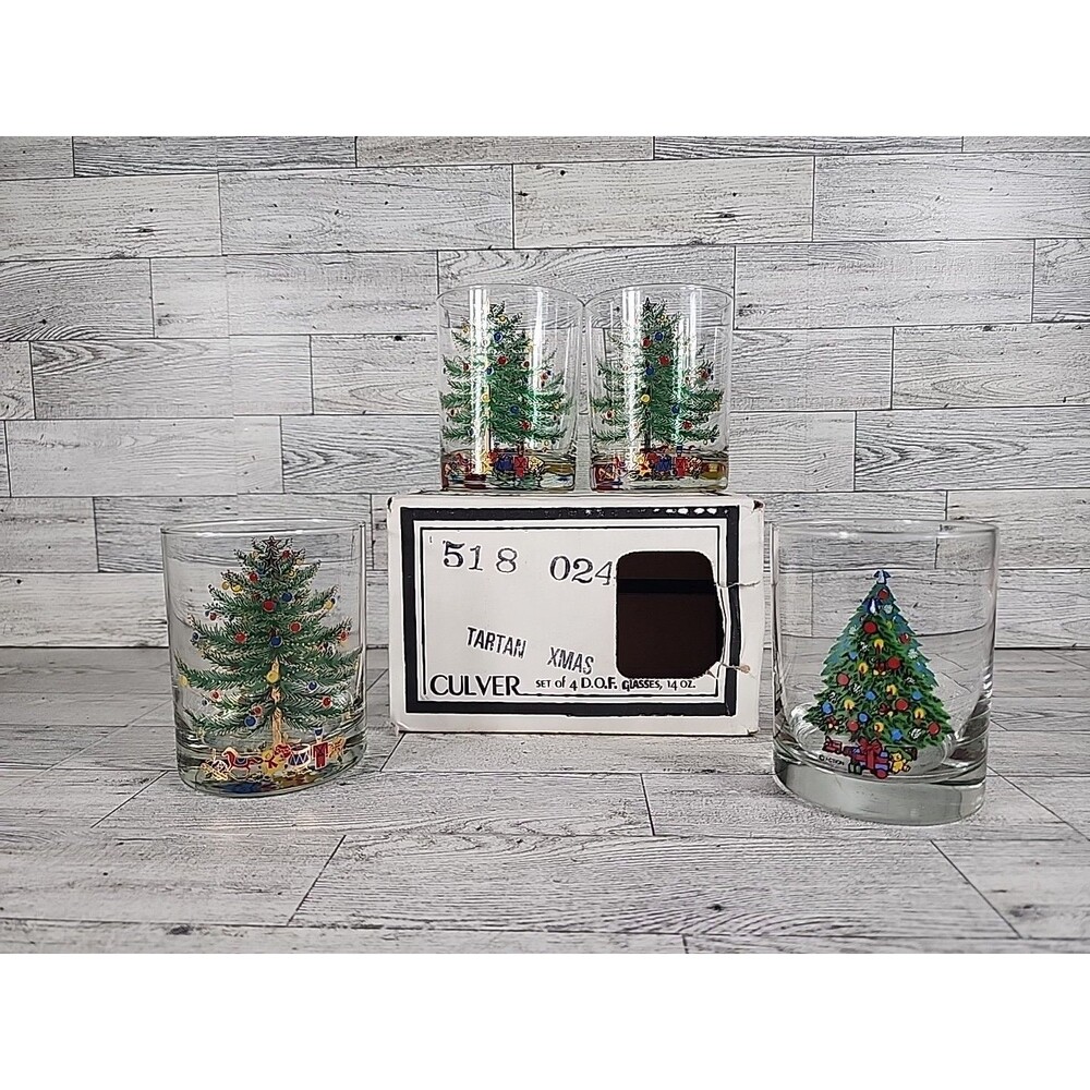 Vintage Culver & Action Christmas Tree Glasses w/ Box Lowball DOF 14oz